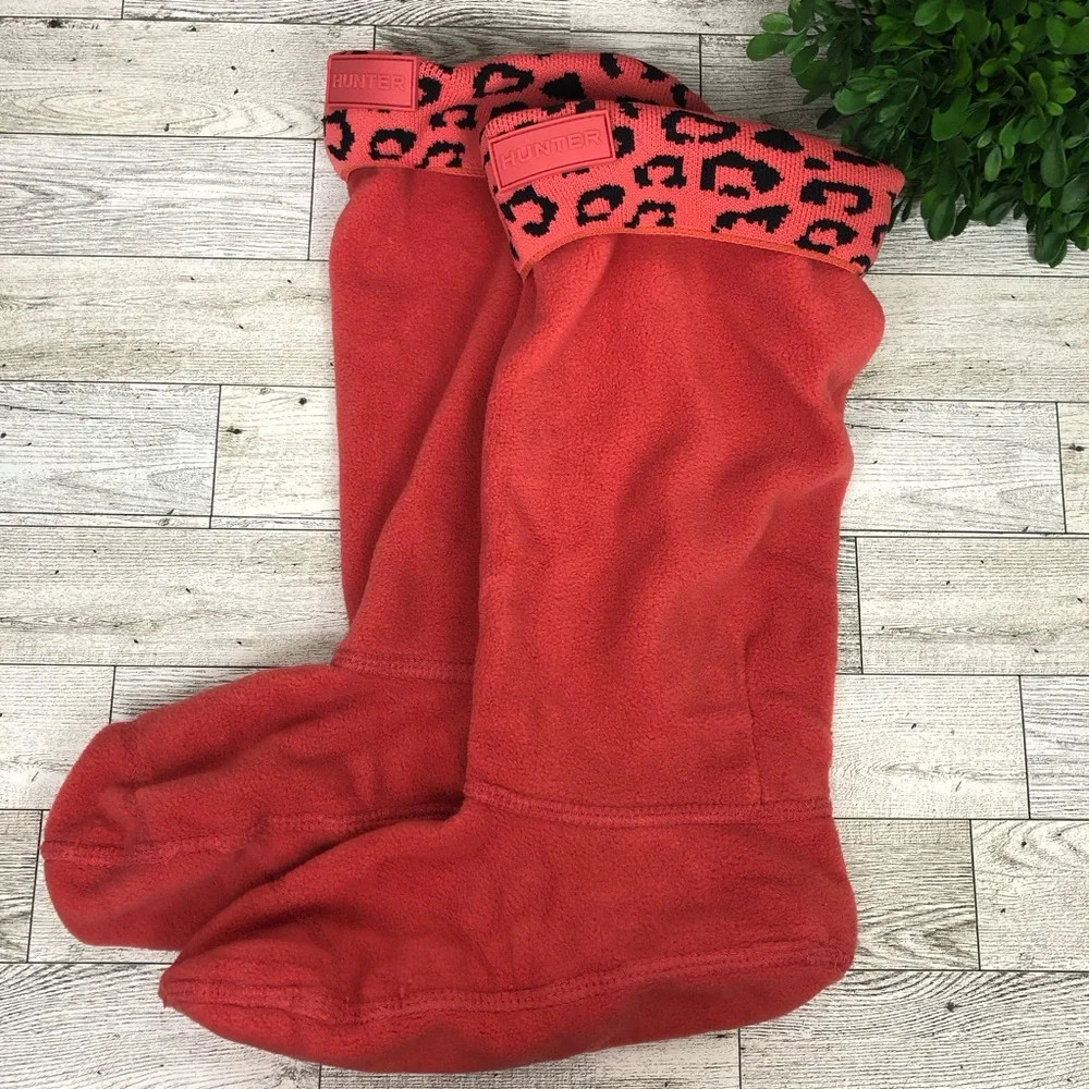 Hunter Fleece Boot Liners with Leopard Print Cuff Coral color Size XL/ US 4-6